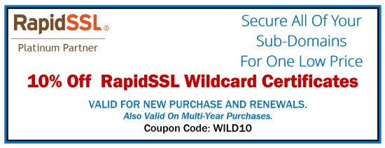 10% 
Off RapidSSL Wildcard SSL Certificate - Coupon Code is Valid till 5/31/2024 - PROMO CODE: WILD10